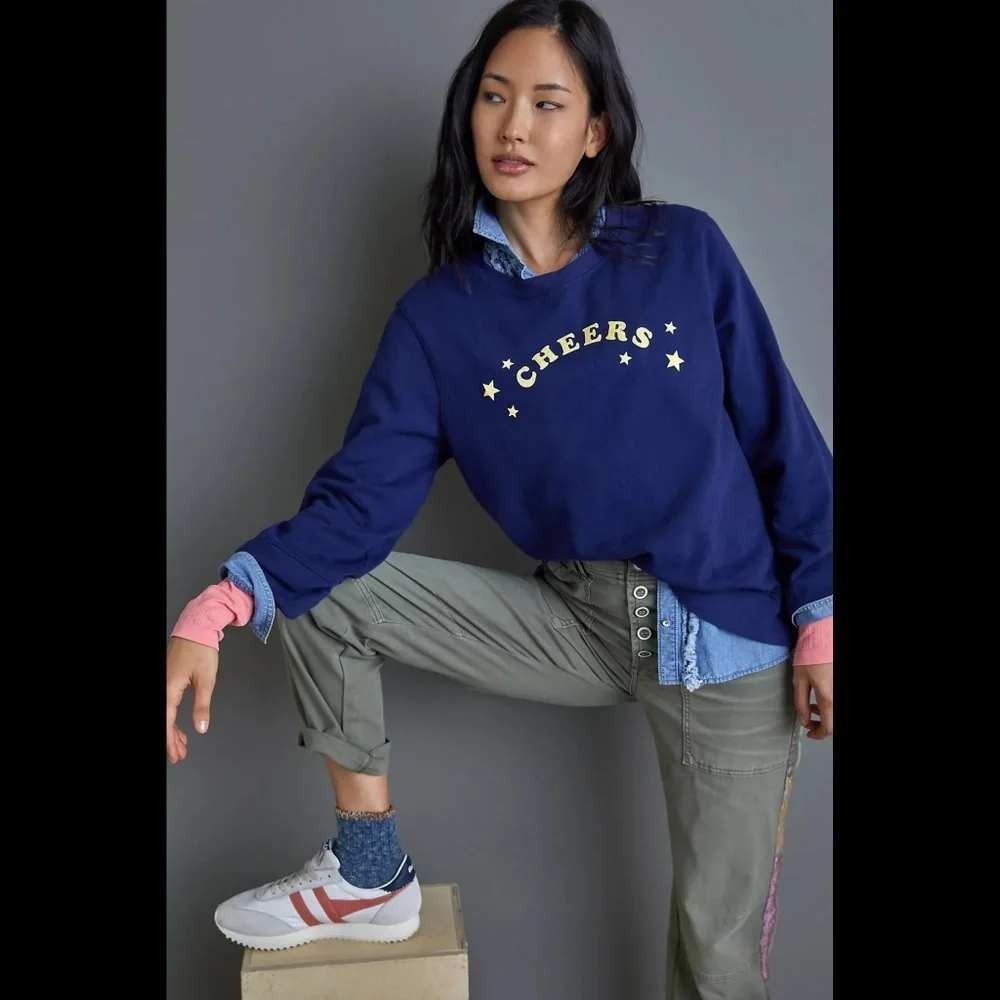 Anthropologie Cheers Sweatshirt Womens Medium Navy Cotton Excellent Star Graphic